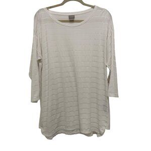 Chicos Zenergy White Stripe 3/4 Sleeve Top Womens Large Lightweight Relaxed Fit